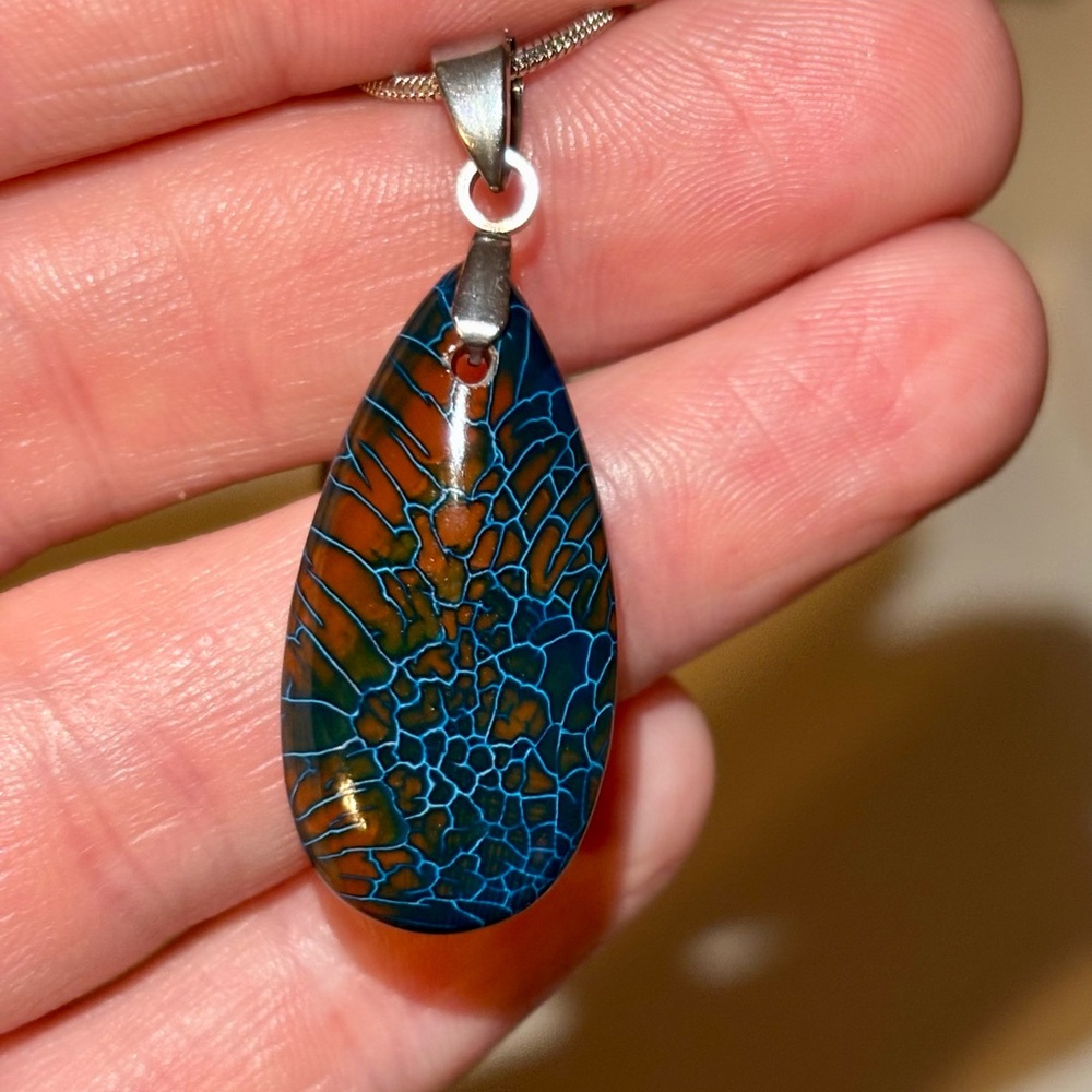 🐉 Dragon Vein Agate Pendant w 925 Sterling Silver Chain, gift bag